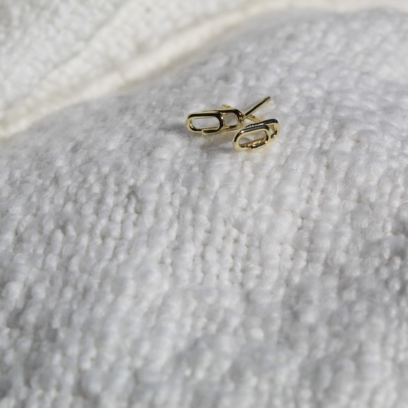 Sterling Silver Dainty Gold Paper Clip Stud Earrings - Picture 2 of 10